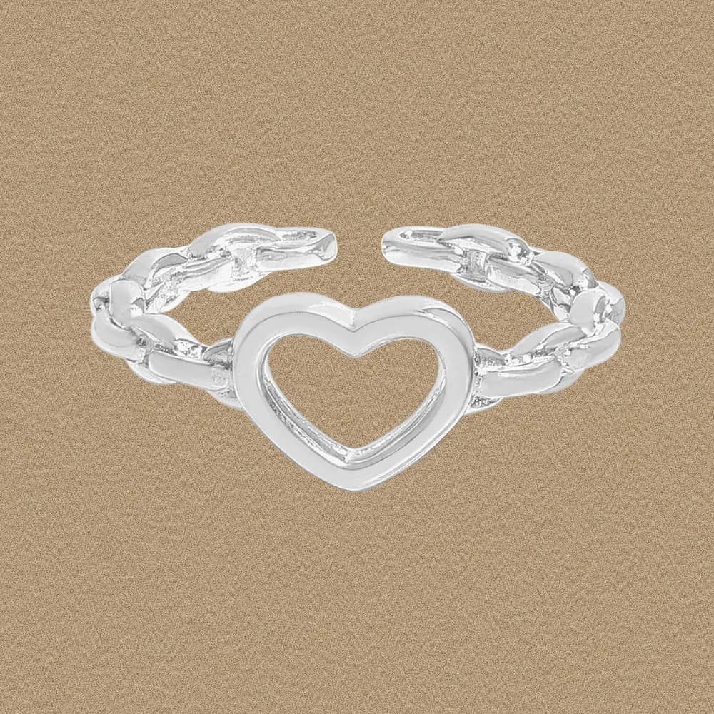 Polished sterling silver open heart ring with a linked chain-style band