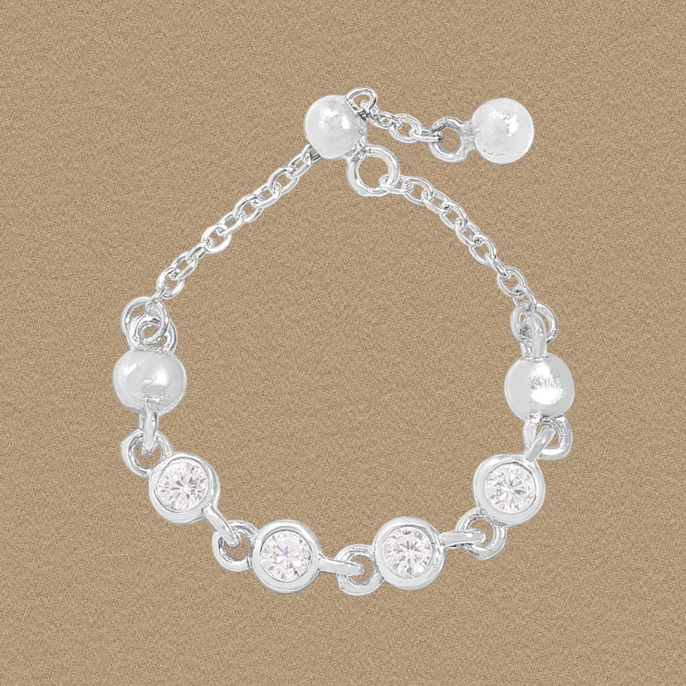 Polished sterling silver ring with round bezel-set stones linked along a delicate chain design.