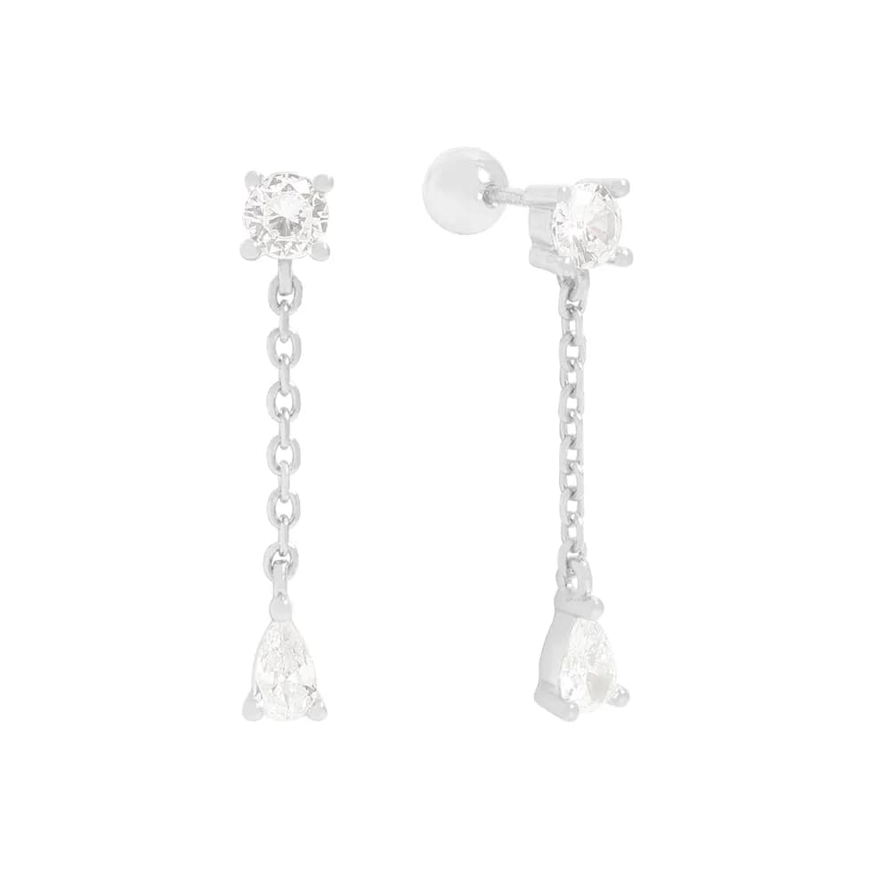 Teardrop Crystal Chain Earrings in Silver — Sterling silver