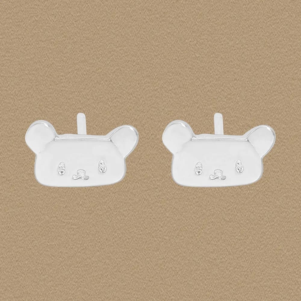 Pair of polished silver panda-face stud earrings with rounded ears and minimal facial features.
