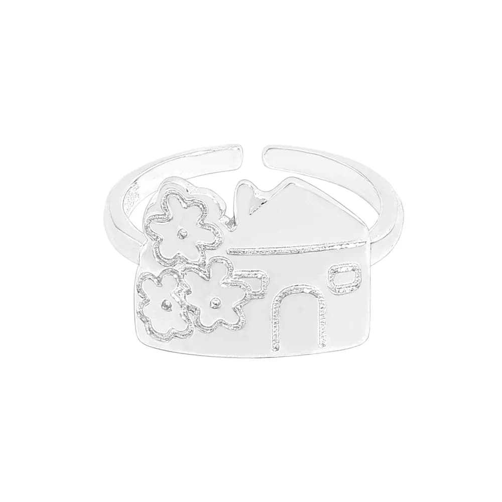 House With Flowers Ring in Silver — Sterling silver