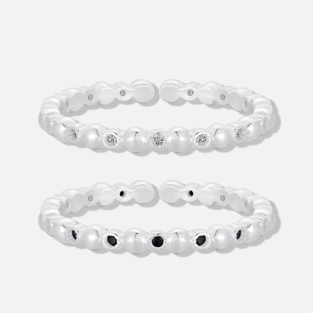 Polished sterling silver beaded ring with alternating crystal-set and plain beads.