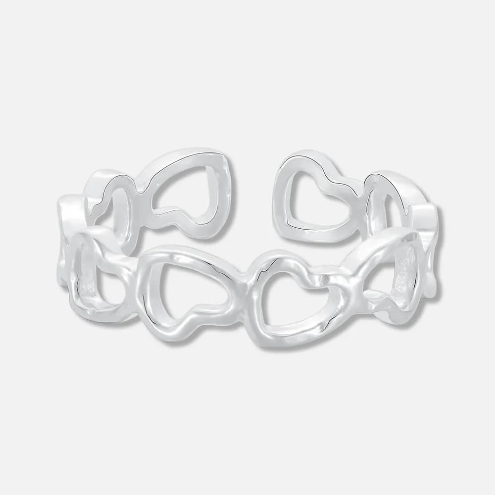 Polished sterling silver ring featuring connected heart-shaped links forming a continuous band.