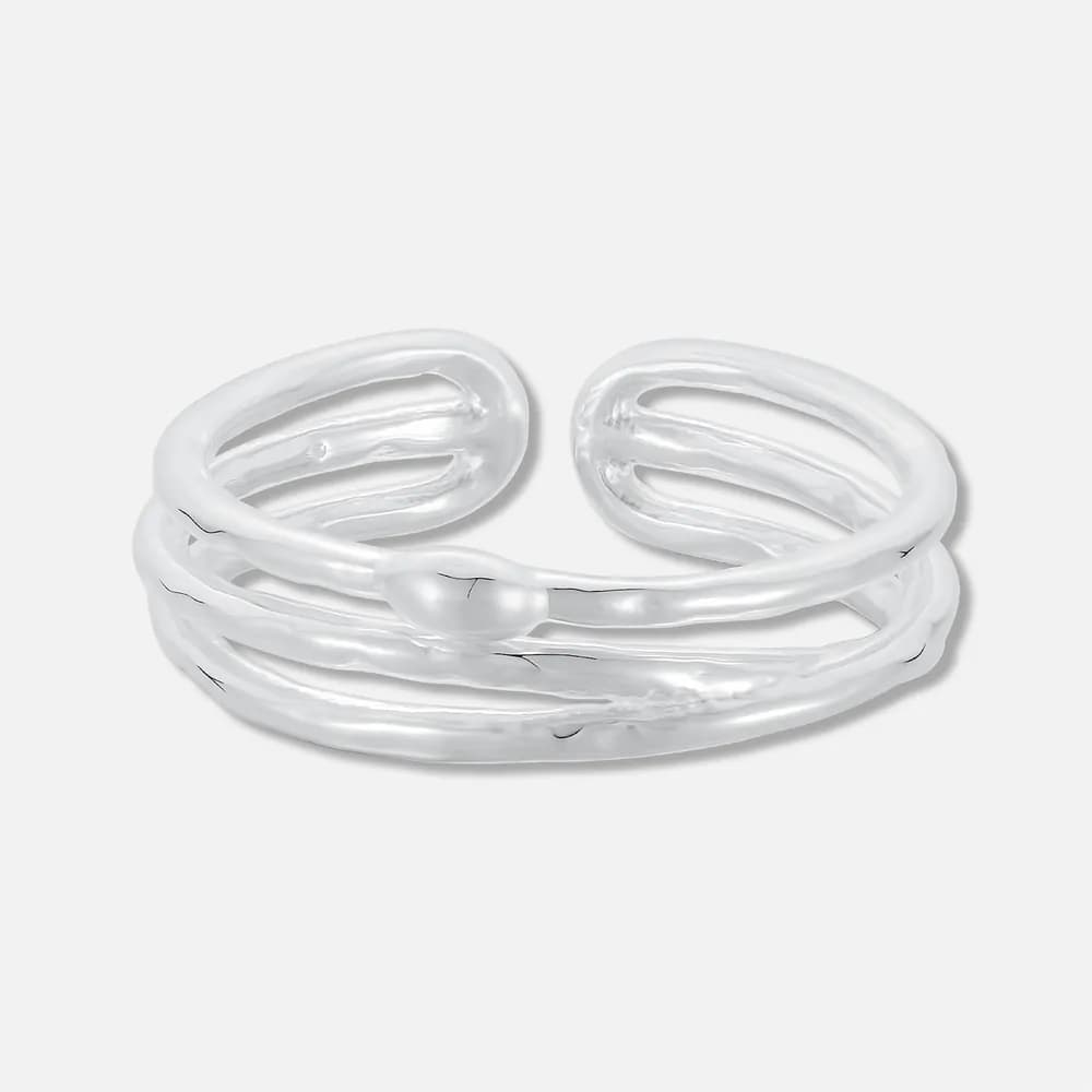 Polished sterling silver wrap ring with four entwined bands and a small pearl bead.