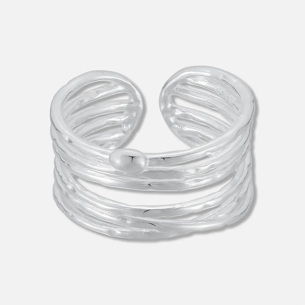 Open-ended sterling silver twisted band ring with layered textures and a small bead at the opening.