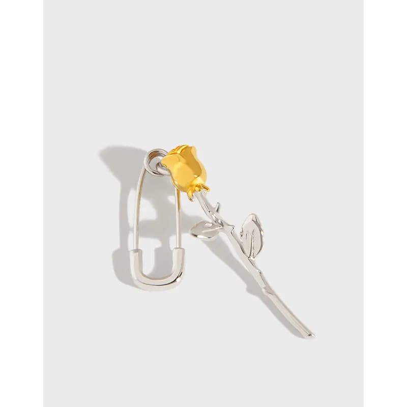 Polished sterling silver rose-stem earring with a yellow enamel rose accent