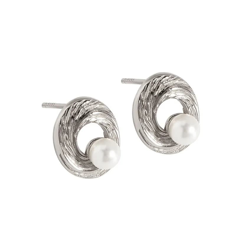 Textured Circle Pearl Earrings in Platinum — Sterling silver