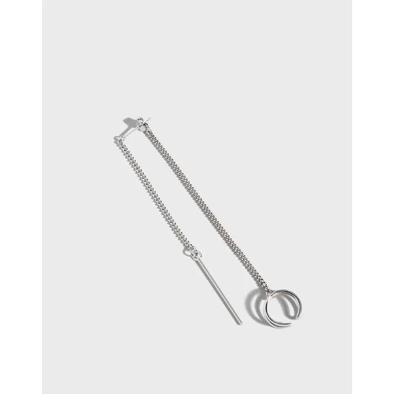 Sterling silver chain earrings with a bar drop and circular hoop accent on a light background.
