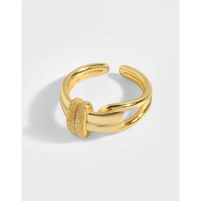 Polished sterling silver double-band ring with a textured central bar