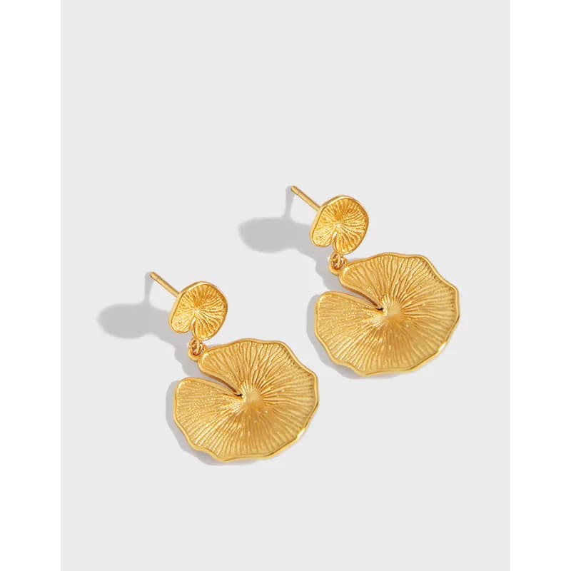 Gold-tone two-tier ginkgo-petal drop earrings with radiating lines and post backs.
