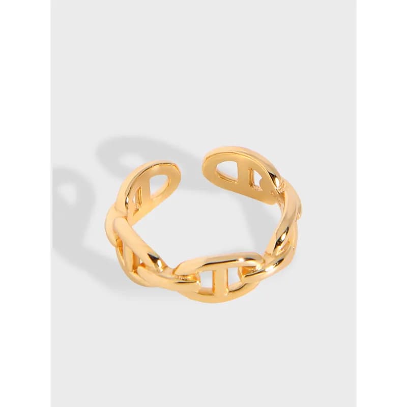 Polished sterling silver chain-link ring with interlocking links on a light background.