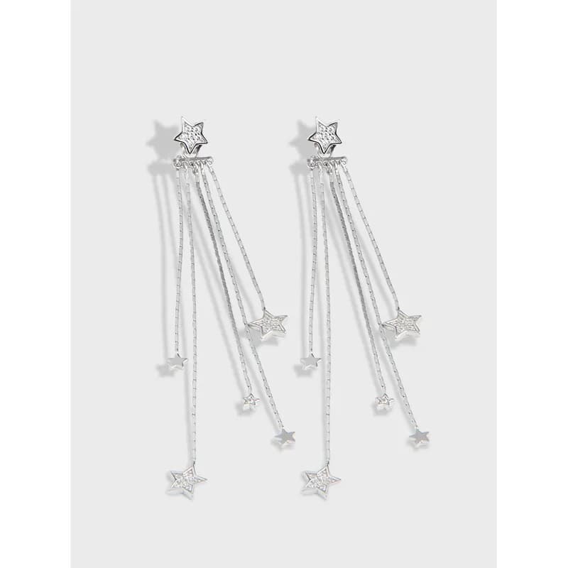 Sterling silver star-themed earrings with multiple dangling chains and star accents.