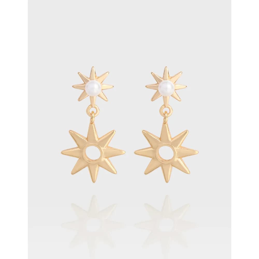 Polished silver sunburst drop earrings with pearl accent and open-holed star pendant