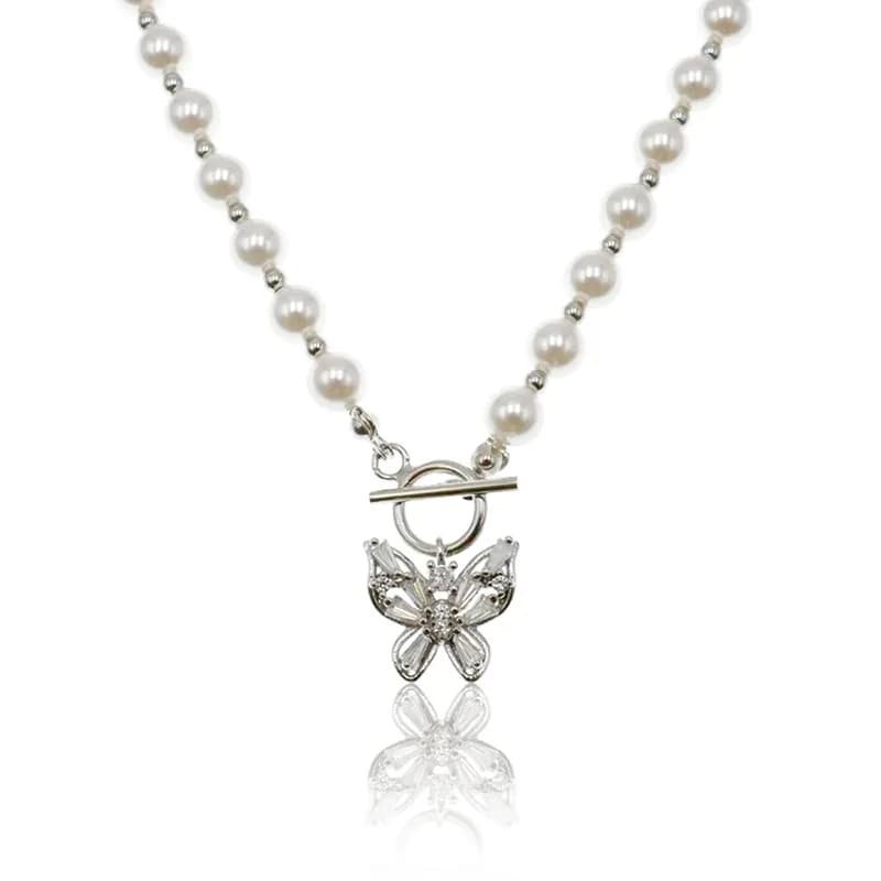 Pearl necklace with a butterfly pendant and toggle clasp in polished silver.
