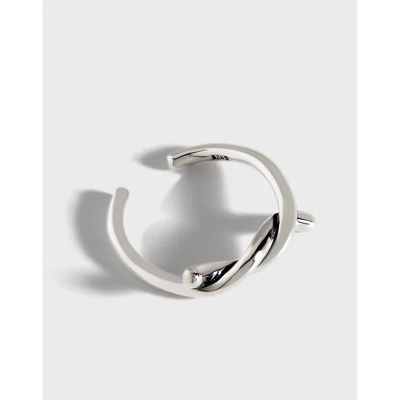 Polished sterling silver open-ended ring with two intertwining curved bands.