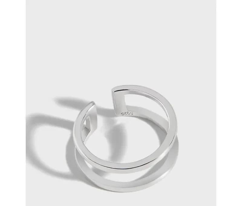Polished sterling silver open double-band ring with a square-cut inner detail