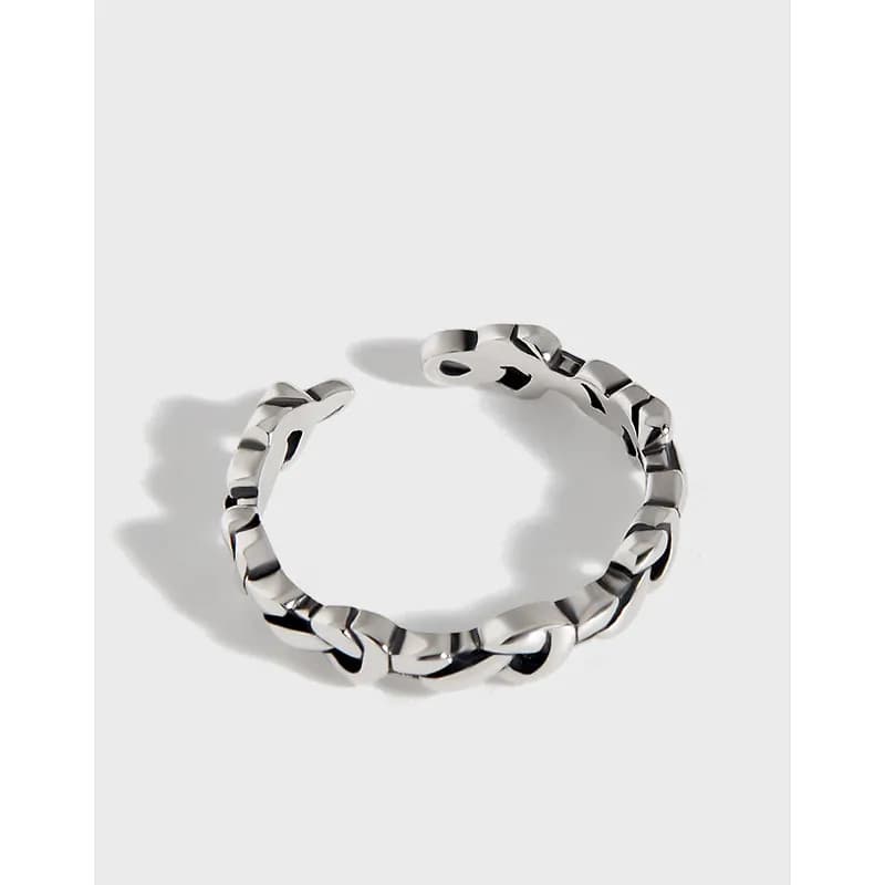 Polished sterling silver chain-link ring with chunky rectangular links.