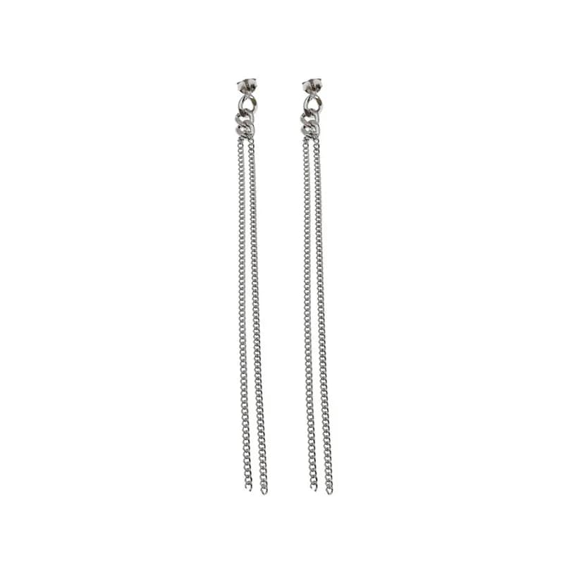 Polished sterling silver double chain drop earrings with two long chains hanging from a small top stud.