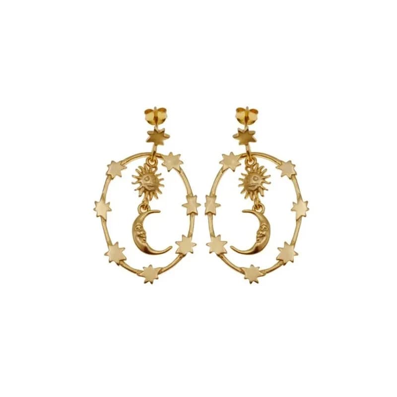 Polished sterling silver celestial hoop earrings with star accents and a crescent moon motif