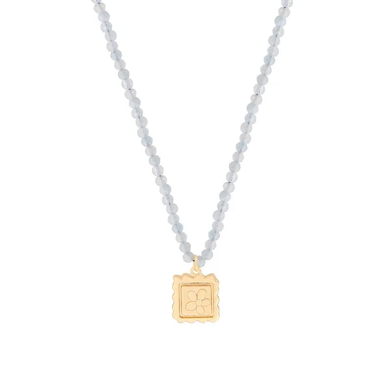 Beaded Square Pendant Necklace in Aquamarine — Sterling silver