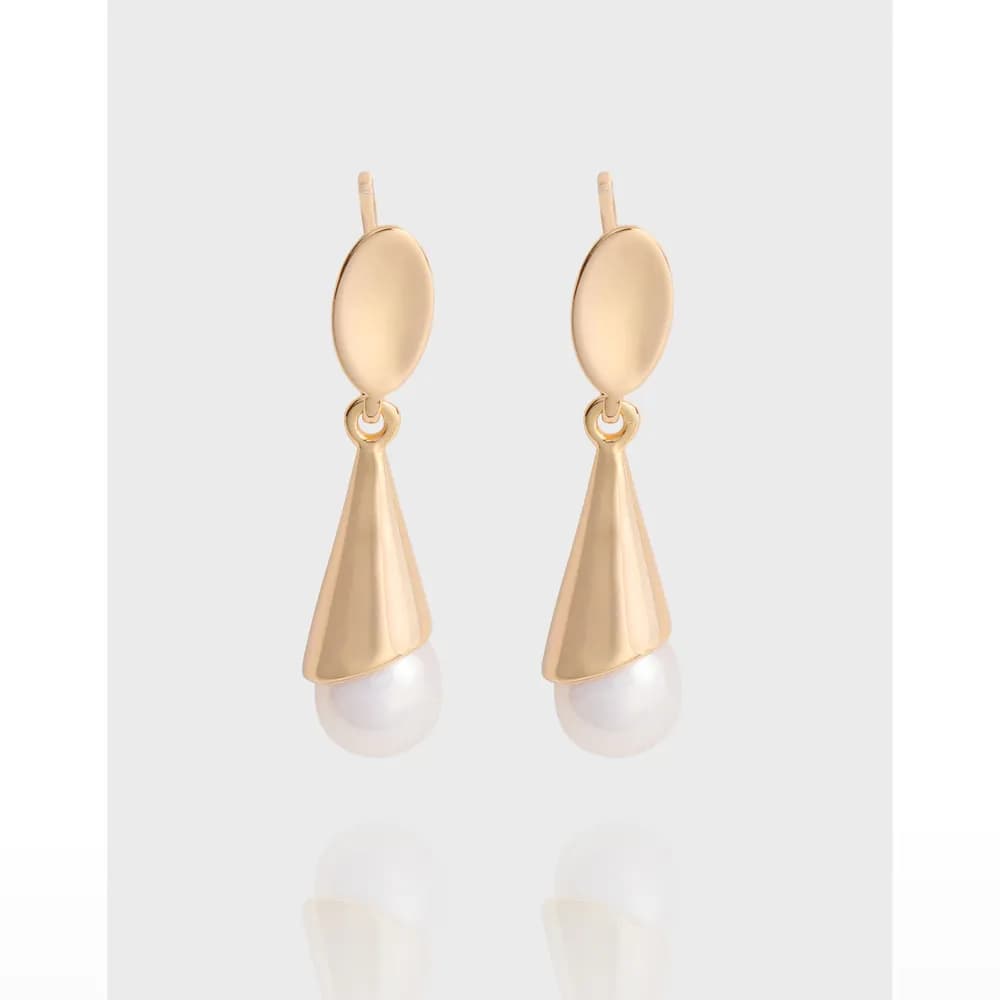 Polished sterling silver drop earrings with oval top, cone pendant, and pearl at the bottom.