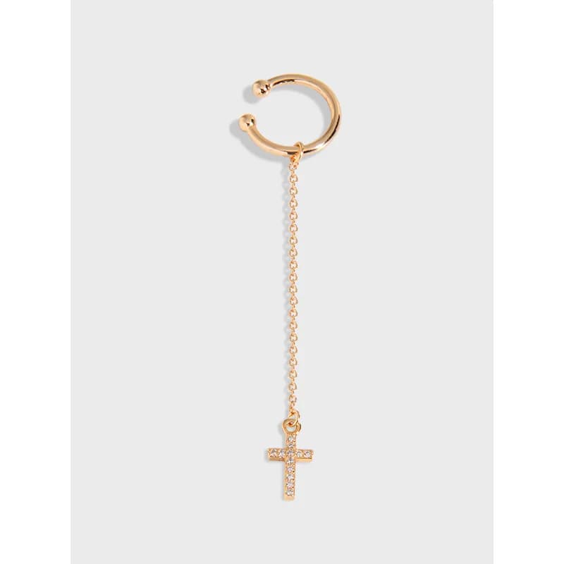 Polished sterling silver hoop earring with a hanging chain and crystal-studded cross pendant
