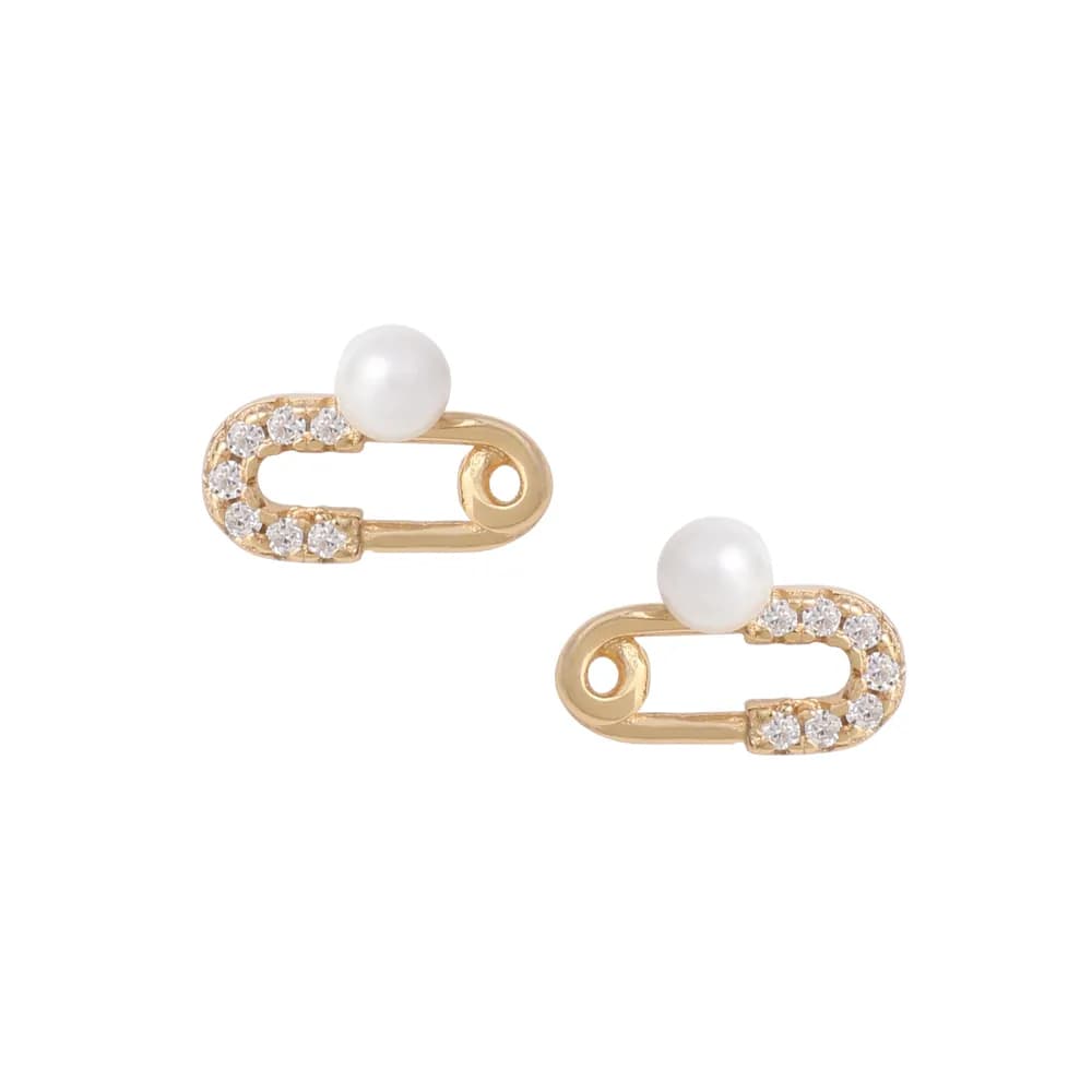 Pearl Safety Pin Earrings in Gold — Sterling silver