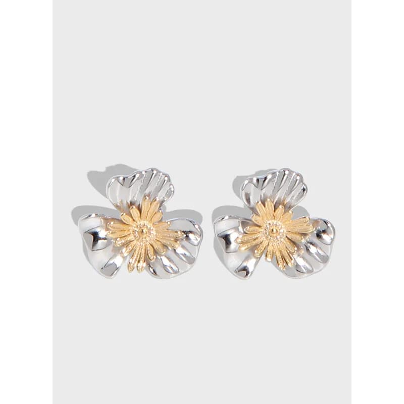 Pair of polished sterling silver flower stud earrings with gold-tone centers on a light background.