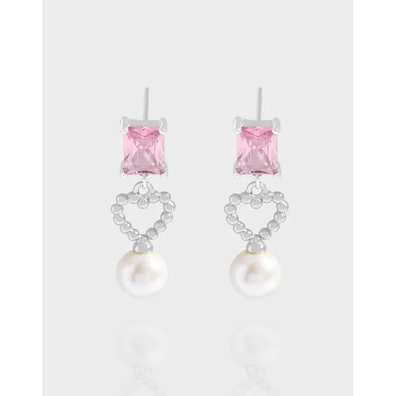 Sterling silver earrings with pink square stones, beaded heart link, and pearl drops