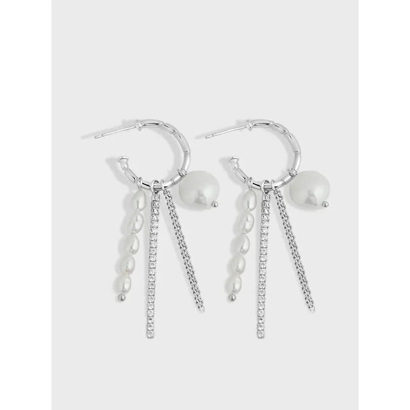 Polished sterling silver hoop earrings with pearl drops and multiple dangling chains.
