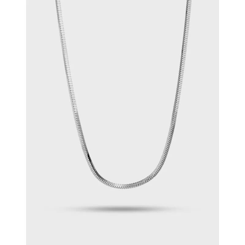 Polished sterling silver herringbone chain necklace displayed against a light background.