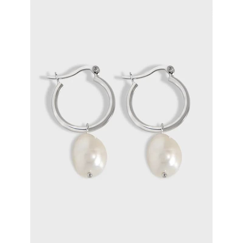 Polished sterling silver hoop earrings with a dangling pearl drop