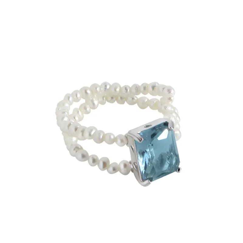 Blue Stone Bead Ring in Platinum — Sterling silver