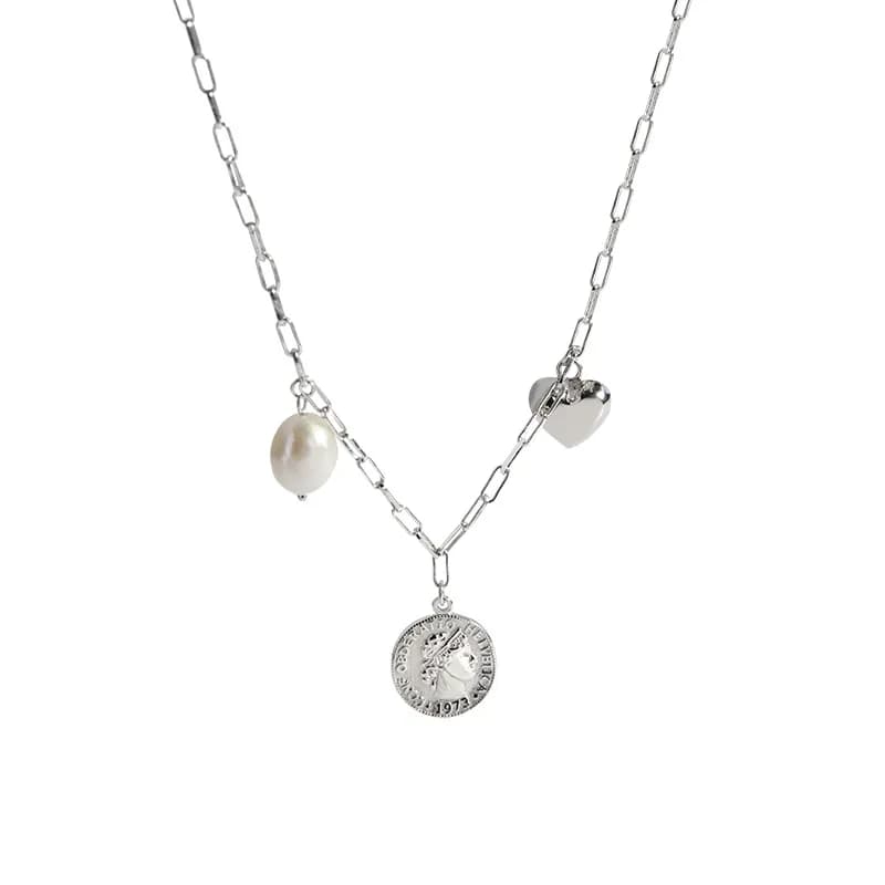Pearl and Coin Necklace in Platinum — Sterling silver