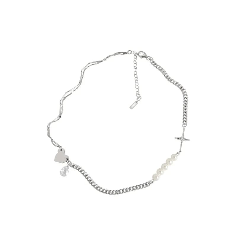 Heart and Pearl Charm Necklace in Platinum — Sterling silver