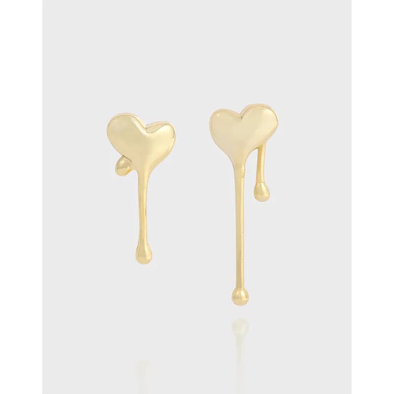 Pair of polished sterling silver heart-shaped drop earrings with elongated stems and small bead drops