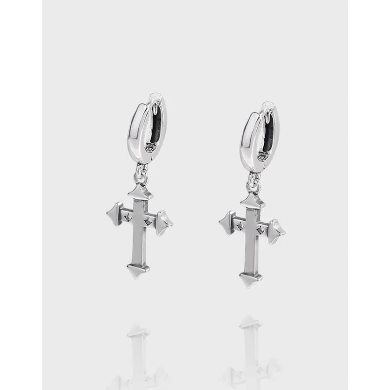 Polished sterling silver cross drop earrings with hinged hoop tops.