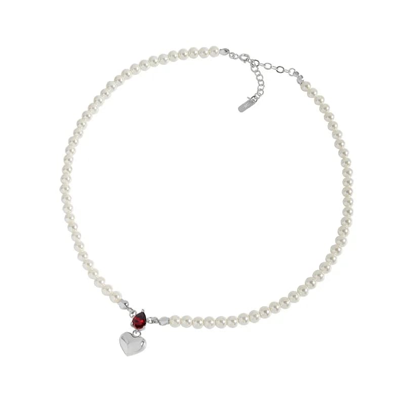 Pearl Bead Necklace with Heart Charm in Platinum — Sterling silver