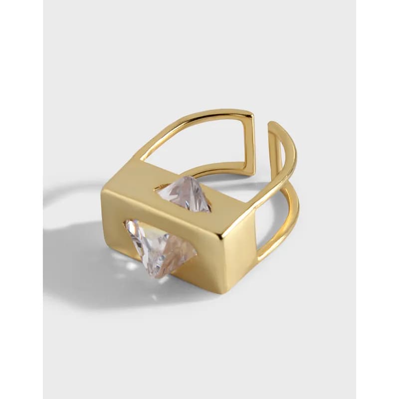 Polished sterling silver Geometric Block Ring with a central clear crystal