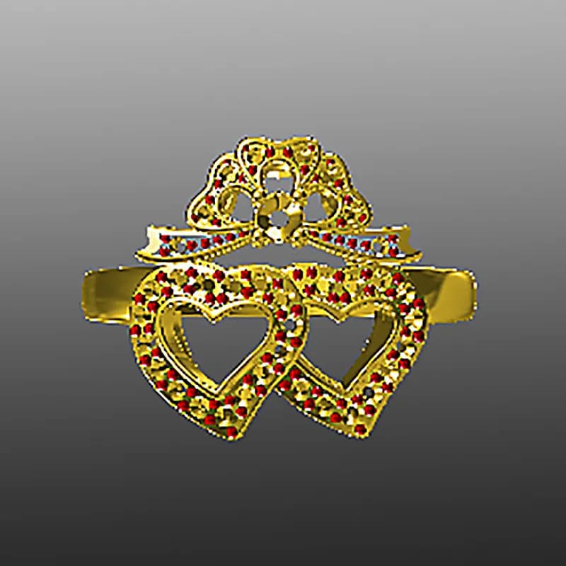 Polished sterling silver ring with two interlocking hearts and a crown-like top set with red stones.