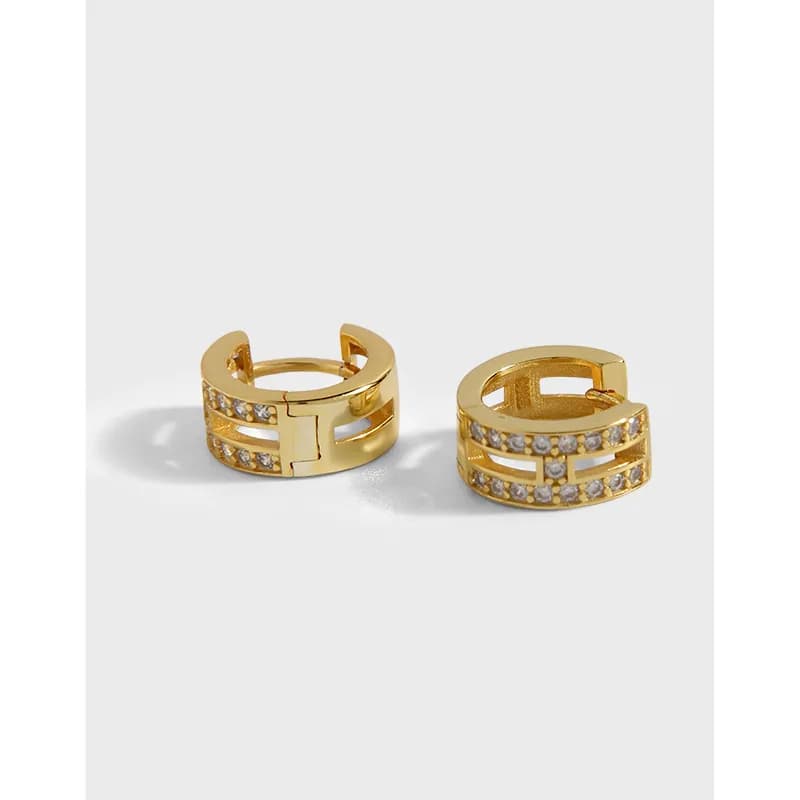 Polished sterling silver pavé bar hoop earrings with two open rails and sparkling stones