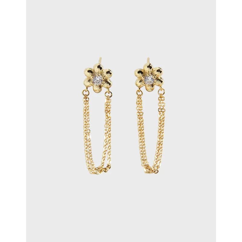 Gold-tone flower stud earrings with two dangling chain loops.