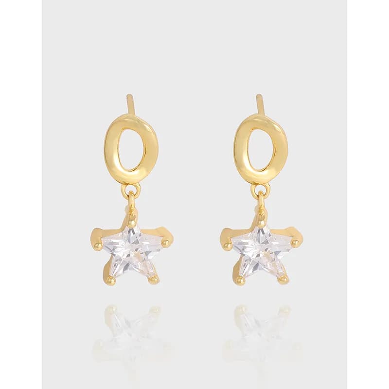 Polished sterling silver star drop earrings with hoop and crystal star charm