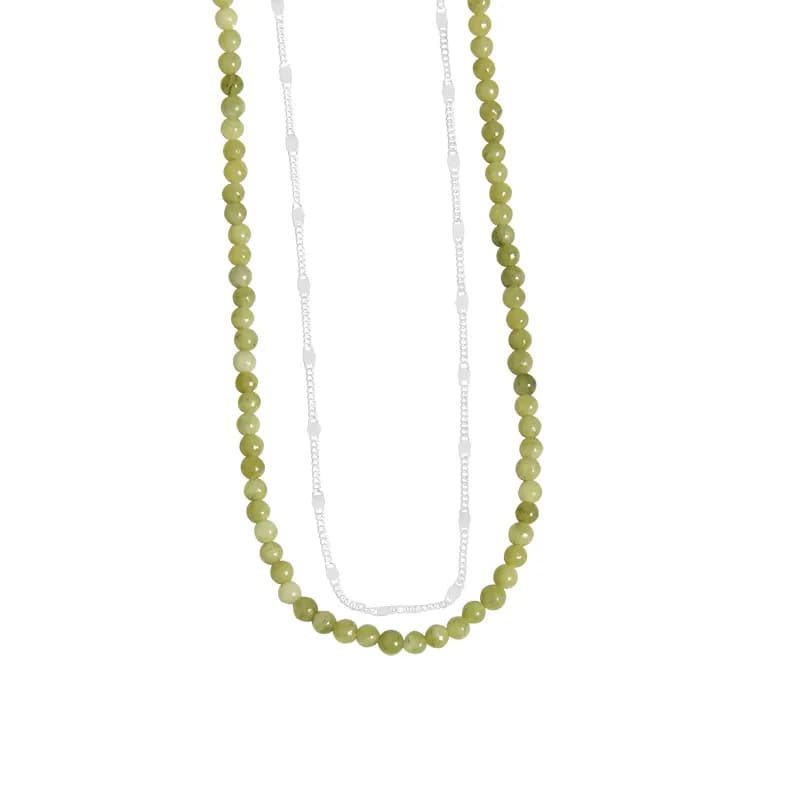 Green Bead Chain Necklace in Silver — Sterling silver