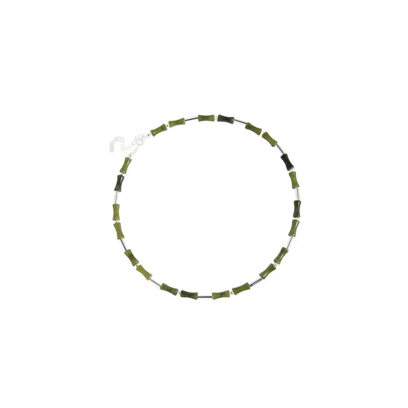 Olive Jade Bead Necklace in Silver — Sterling silver