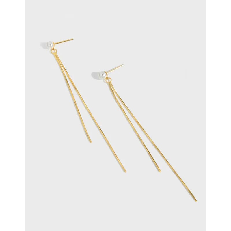 Polished sterling silver double-threader earrings with a small pearl detail at the post.