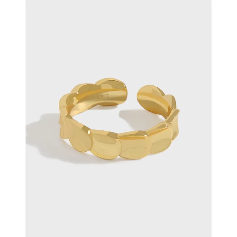 Gold-tone segmented link ring with rounded linked plates forming a wide band