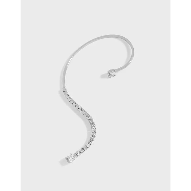 Polished sterling silver curved diamond earring with a pave arc along the bend
