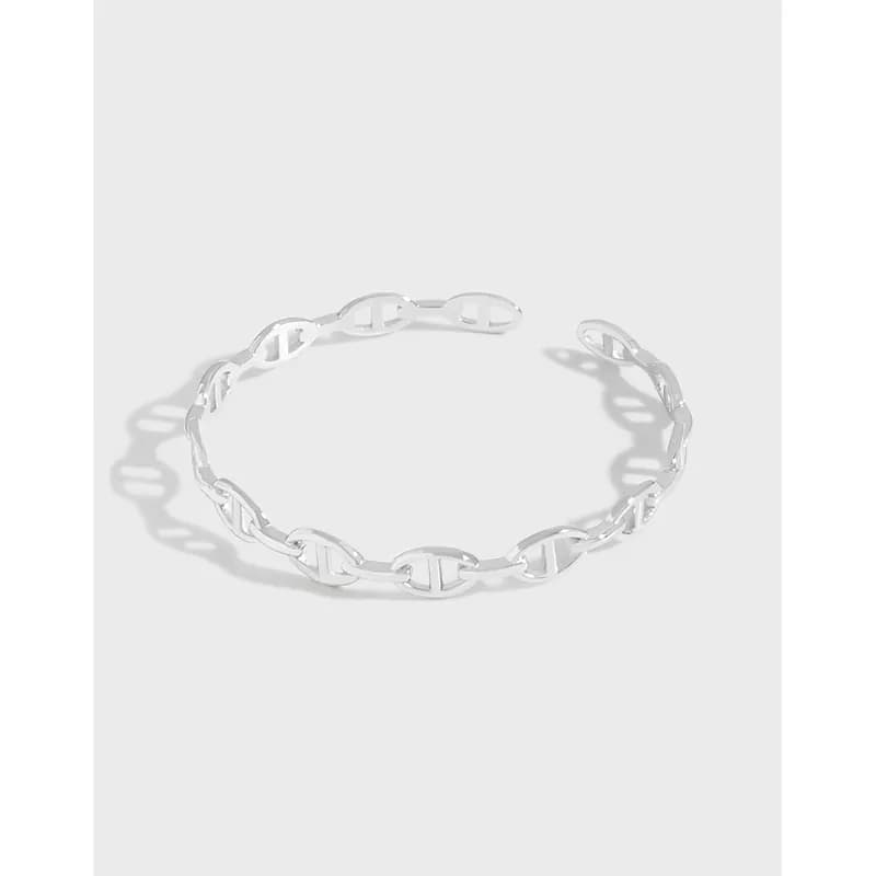 Polished sterling silver bracelet with interlocking oval links laid in a circular display.