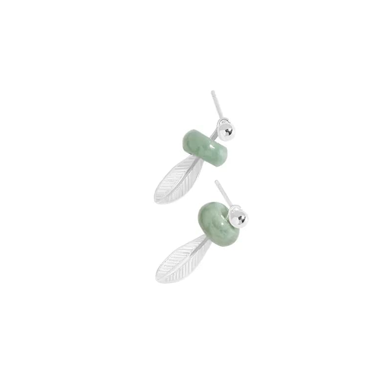 Jade Bead Leaf Earrings in Silver — Sterling silver